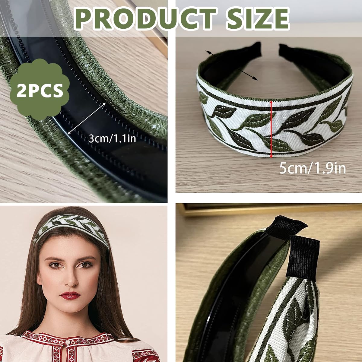 SANNIDHI 2 Pcs Boho Handmade Embroidery Hair Band, Bohemia Floral Wide Vintage Ethnic Style Hair Band for Women Girls Hair Accessories (White+Green) SANNIDHI 2 Pcs Boho Handmade Embroidery Hair Band, Bohemia Floral Wide Vintage Ethnic Style Hair Band for Women Girls Hair Accessories (White+Green)